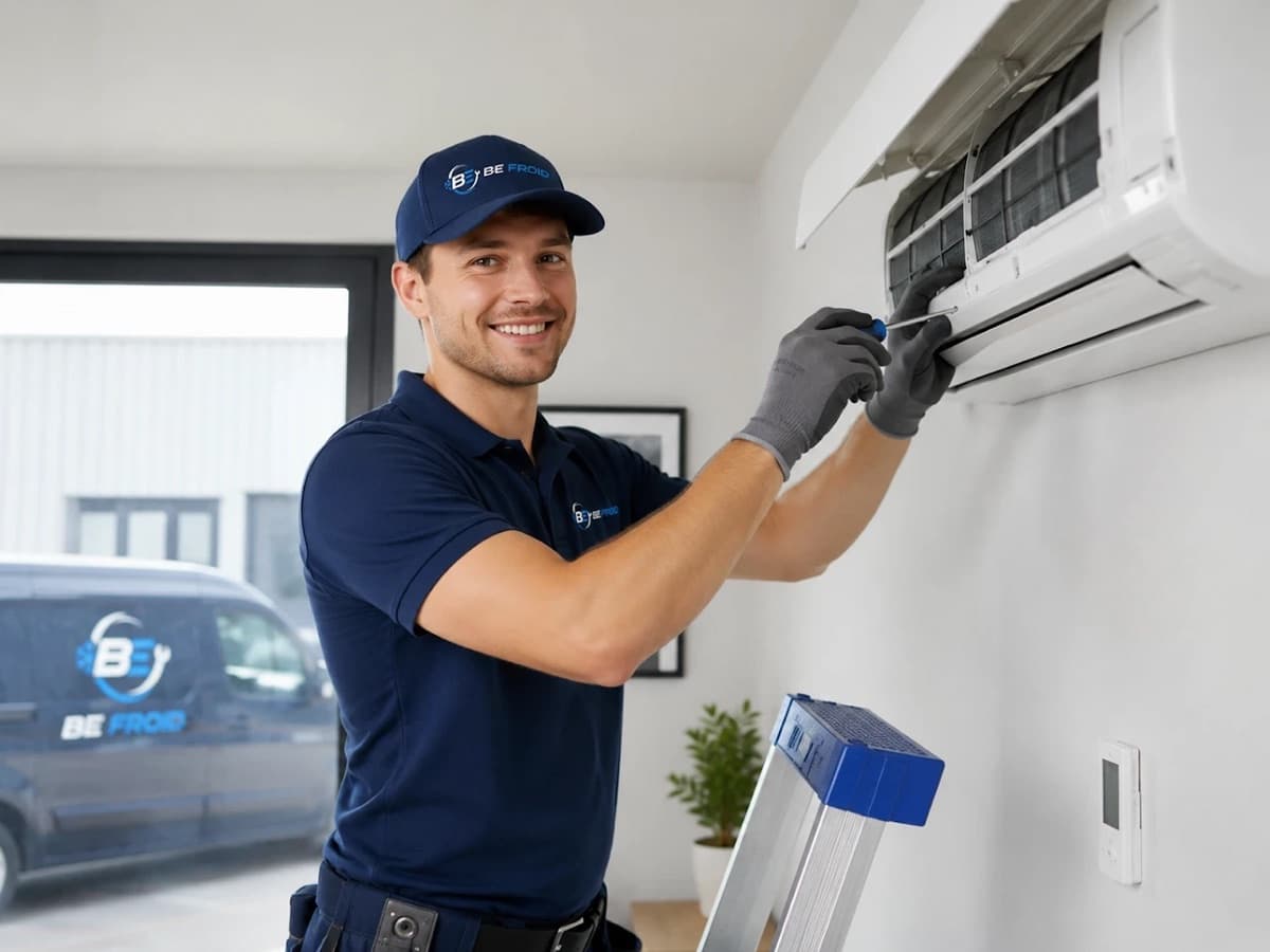 Technicien souriant portant la casquette et le polo BE Froid, en intervention sur un climatiseur mural