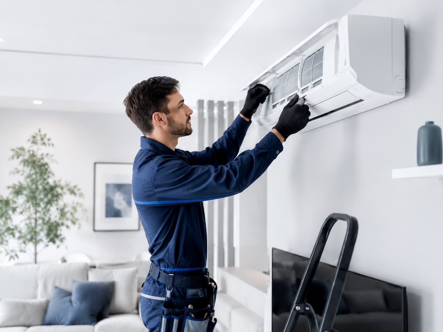 Technicien en tenue de travail réglant une climatisation murale dans un appartement lumineux